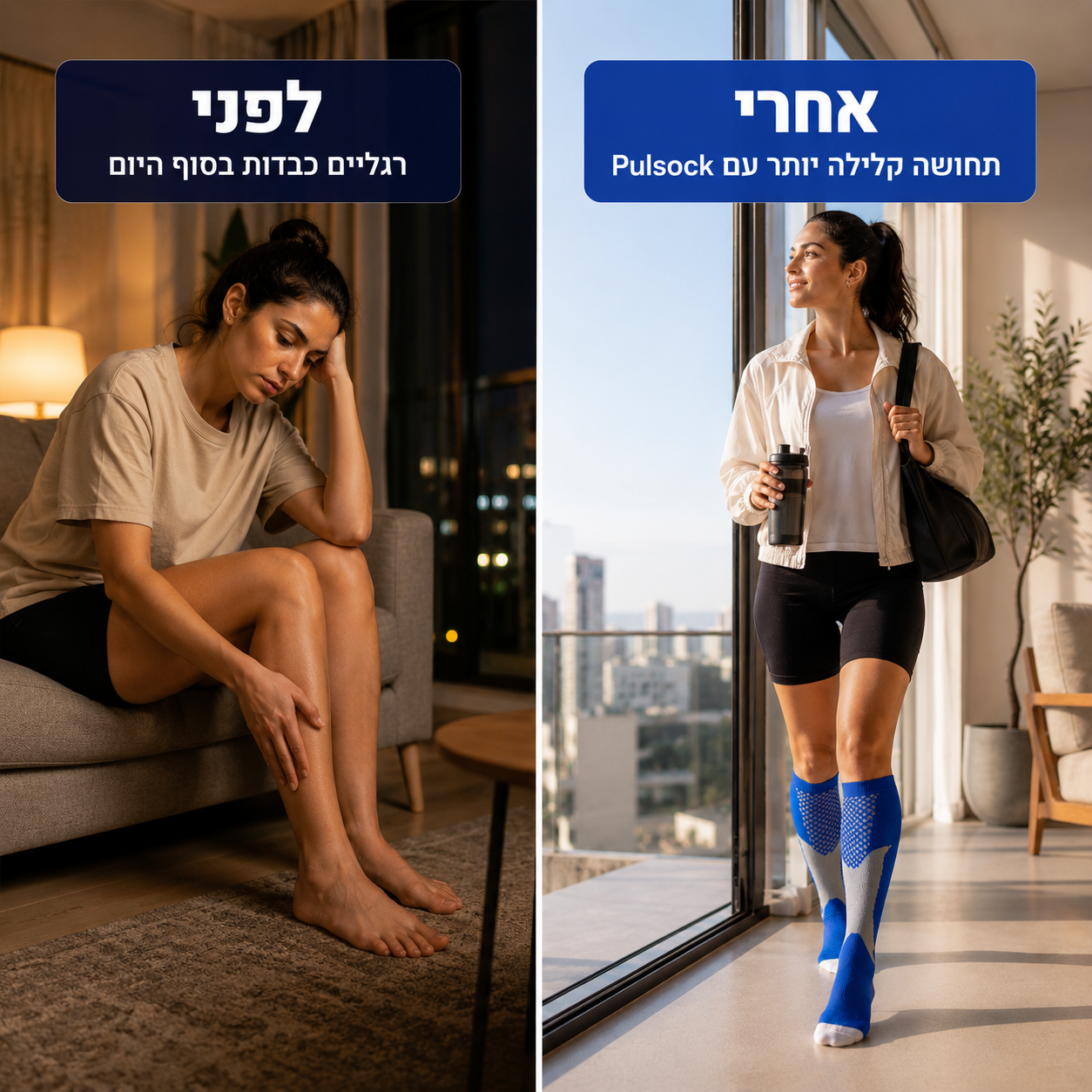 לפני ואחרי יום ארוך, קרסוליים נפוחים מול קרסוליים שנראים כמו עצמם